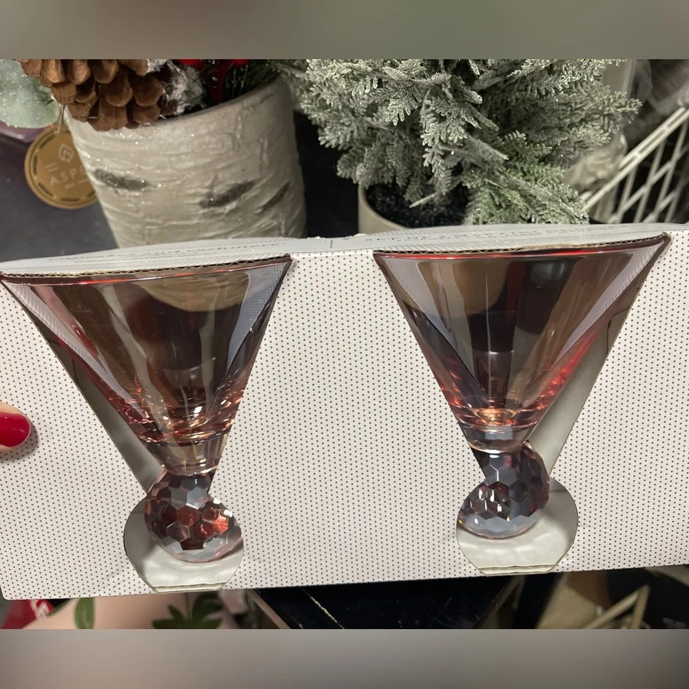 PINK Holiday Crystal Ball Martini Party glasses Set of 2 Cupcakes & Cashmere NWT